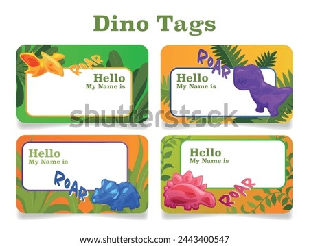 Name tag childish dinosaur card for name surname design template set vector illustration. Kids kindergarten school preschool identification label with funny jelly dino toy and tropical leaves Royalty-Free Stock Photo #2443400547