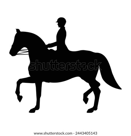 Equestrian athlete. Silhouette of a person horse riding competition on white background. Graphics for designers and for decorating their work. Vector illustration. Royalty-Free Stock Photo #2443405143