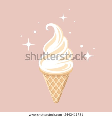 Vanilla ice cream cone vector flat illustration. Beige and white cartoon ice cream on pink background.