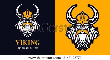 Viking logo template. Nordic warrior symbol. Horned norseman logo and sticker. Barbarian man head icon with horn helmet. Royalty-Free Stock Photo #2443426773