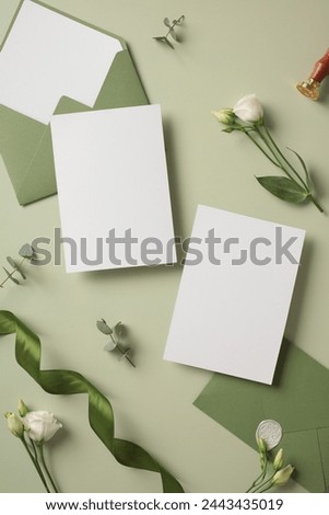 Top view blank paper cards wedding invitations, flowers, green envelopes on green background.