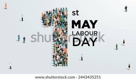 Happy labour day concept poster. Large group of people form to create number 1 as labor day is celebrated on 1st of may. Vector illustration.
 Royalty-Free Stock Photo #2443435251