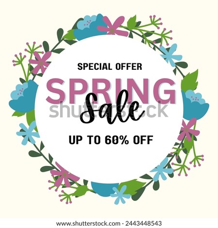 Floral spring design with blue flowers, green leaves. Round shape with space for text. Banner or flyer sale template, vector illustration.