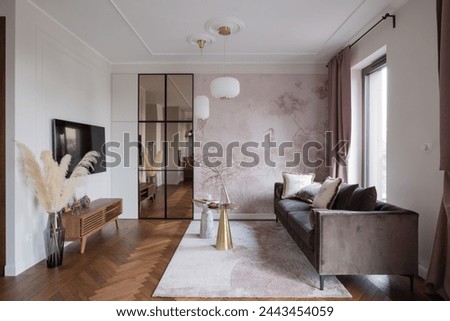 Living room with couch, table, and TV in an elegant house interior Royalty-Free Stock Photo #2443454059