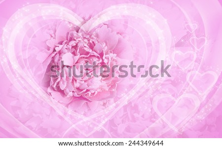 Pink peony flowers for Valentine's Day on floral greeting card with hearts