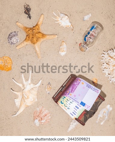 Copyspace. Money for vacation, rest, holidays. A well-deserved vacation at an expensive seaside resort. EURO dollars in the chest on the sand of beach. Royalty-Free Stock Photo #2443509821