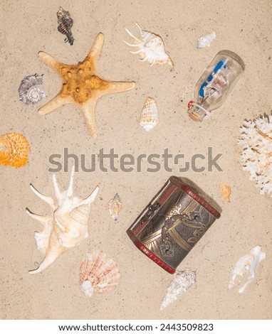 Copyspace. Money for vacation, rest, holidays. A well-deserved vacation at an expensive seaside resort. Close chest on the sand of beach. Royalty-Free Stock Photo #2443509823