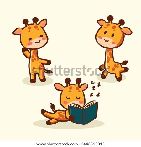 hand drawn cute giraffe cartoon character set reading a book