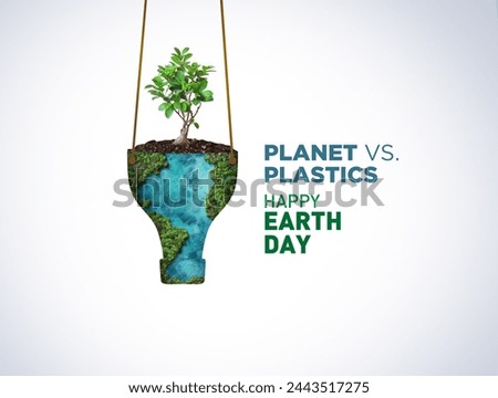 Planet vs. Plastics , Earth day 2024 concept 3d tree background. Ecology concept. Design with globe map drawing and leaves isolated on white background. 