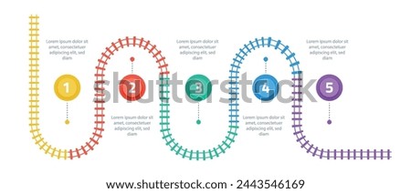 Railroad tracks infographic. Business template with numbers 5 options or steps. Railway simple icon, rail track direction, train tracks colorful vector illustration on a white background. Royalty-Free Stock Photo #2443546169