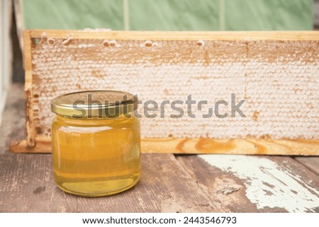 full honeycomb and jar of honey, organic fortified beekeeping product for healthy eating, alternative medicine, high quality photo