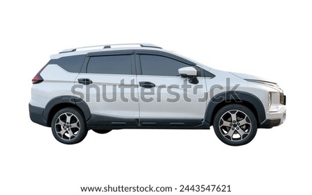 Side view of single white SUV car is isolated on white backgroud with clipping path. Royalty-Free Stock Photo #2443547621