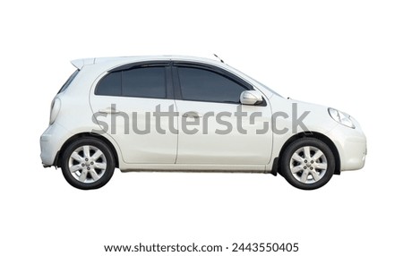 Side view of single small or mini white car is isolated on white backgroud with clipping path. Royalty-Free Stock Photo #2443550405