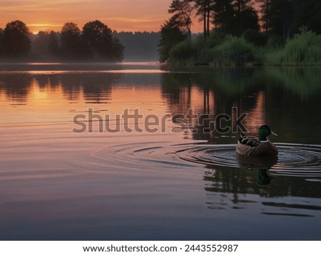 A picture of a duck swimming on a beautiful blue river with a green nature background