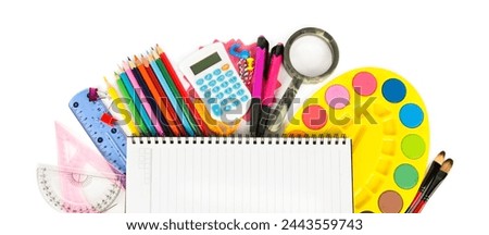 Set of stationery and school supplies isolated on a white background. There is free space for text. Wide photo. Royalty-Free Stock Photo #2443559743
