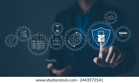 Cybersecurity Management and Data Protection Concept. Showcasing a cyber security management interface with icons representing secure data, cloud storage, and network protection. Encryption privacy, Royalty-Free Stock Photo #2443572541