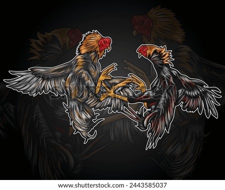 Vector illustration of two fighting cocks fighting. Royalty-Free Stock Photo #2443585037