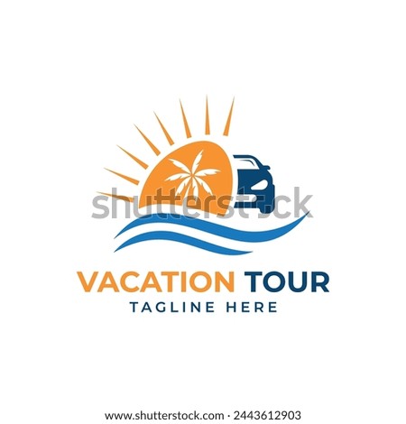 Vacation tour car beach palm tree logo design vector template