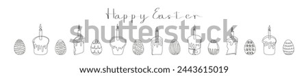 Set of Easter Kulich cakes with lit candles and painted eggs. Happy Easter greeting. Continuous one line drawing of cupcakes and eggs. Vector isolated on white. Design elements for print and greetings
