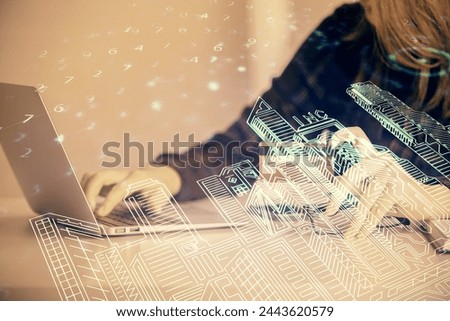 Multi exposure of woman on-line shopping holding a credit card and construction drawing. e-commerce concept.