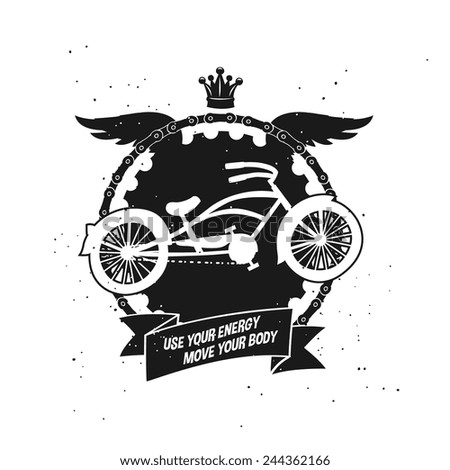 moving faster cruiser bike, emblem label with silhouetted wings, chain and a crown, decorative element vector art illustration.