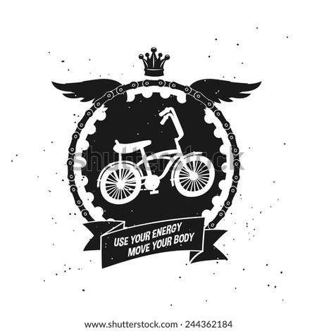 moving faster city bicycle, emblem label with silhouetted wings, chain and a crown, decorative element vector art illustration. 