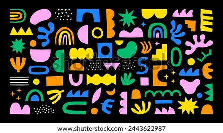 Colorful abstract shape doodle collection. Funny geometric collage shapes. Modern element set in hand drawn style. Creative decoration clip art bundle on isolated background.