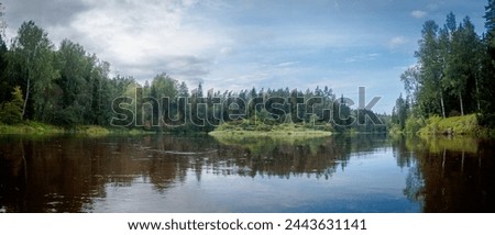 A wide river gently flows through a lush forest under a sky dotted with billowy clouds Royalty-Free Stock Photo #2443631141