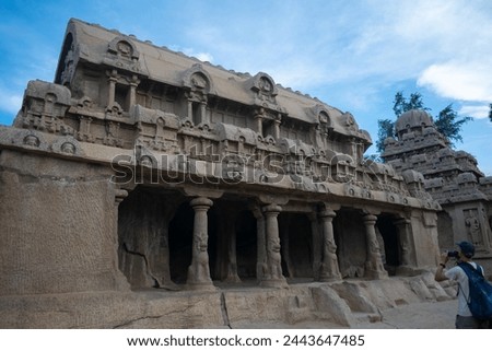Picture of Bhim rath at UNESCO world heritage site of Mahabalipuram. Ajanta, Ellora, Hampi ancient stone sculpture carvings sacred pilgrimage archeology tourist, sanatan, caves, sculpture, rocks Royalty-Free Stock Photo #2443647485