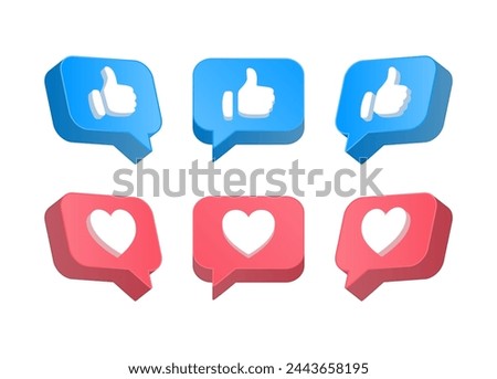 3d Like and love icon button. Thumbs up and heart flat icon in modern 3d speech bubble shapes , Social media notification icons. emoji post reactions set. Vector illustration
