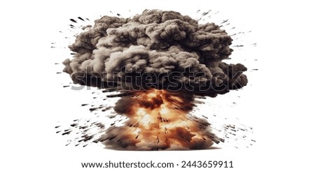 Mushroom cloud explosion with flames and smoke isolated on transparent background cutout.