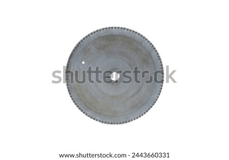 Used carbide tipped Circular small tooth saw blade fast cut general purpose mainly used for wood cutting isolated on white background. Medium wear on blades Royalty-Free Stock Photo #2443660331