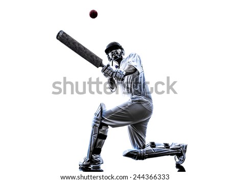 Cricket player batsman in silhouette shadow on white background Royalty-Free Stock Photo #244366333