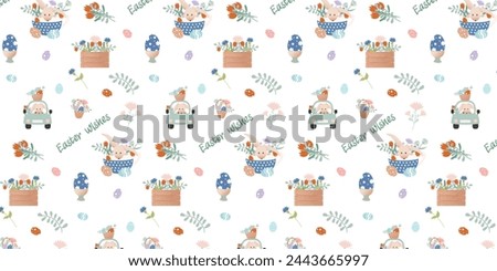 Happy Easter clip art. Pattern with cartoon characters in retro style. Easter bunny, car with bunny, flowers, basket with Easter eggs, garland, bouquet.