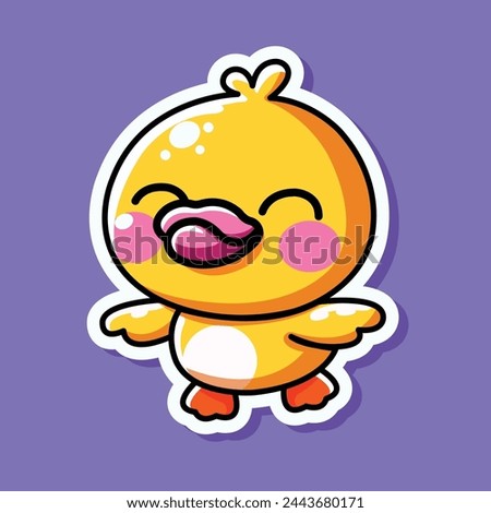 Sticker of cute Duck, tiny small wild animal, Isolated on colored background, flat vector illustration 