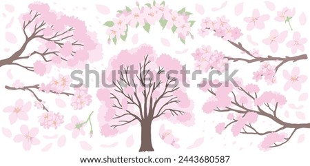 Set of Cherry blossom tree, flower, branch, hand drawn clip art