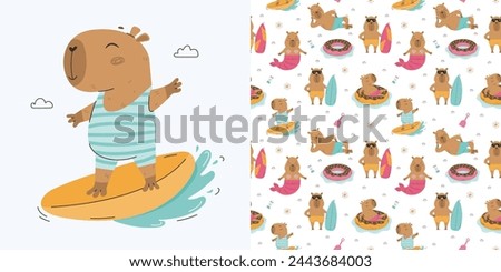 Funny summer capybaras seamless pattern