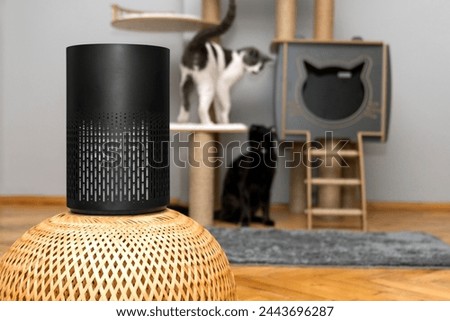 air purifier in the area with pets or cat. Air Pollution Concept. Air purifier, filters out invisible viruses, allergens or pollutants in the house on a cat tree background. Cute cat and Air purifier Royalty-Free Stock Photo #2443696287