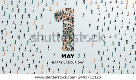 Happy labour day concept poster. Large group of people form to create number 1 as labor day is celebrated on 1st of may. Vector illustration.
 Royalty-Free Stock Photo #2443711125
