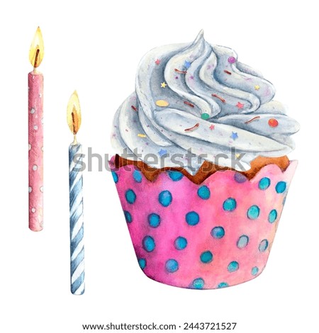 Cupcake muffin cream candle watercolor drawing. Vanilla dotted paper. Cake whipped birthday tasty dessert illustration. Anniversary celebration pastry aquarelle. Burn flame isolated white background