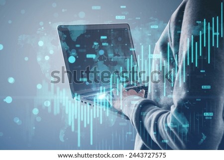 Headless hacker hands using laptop with growing blue forex chart and map hologram on blurry background. Banking, hacking, malware, invest and financial growth concept. Side view