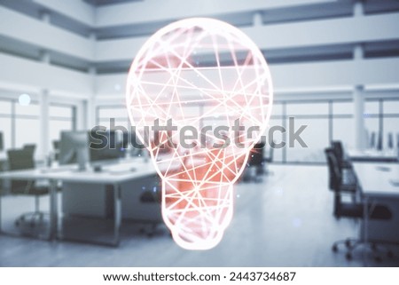 Double exposure of creative light bulb hologram on modern corporate office background, research and development concept