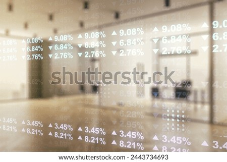 Abstract virtual stats data hologram on a modern furnished office background. Multiexposure