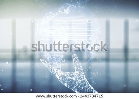 Double exposure of abstract digital world map hologram on empty room interior background, big data and blockchain concept