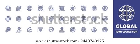 Global line icon collection. Editable stroke. Vector illustration. Containing global shipping, global services, expansion, internet, network, global, marketing, investment, diversity, world. Royalty-Free Stock Photo #2443740125