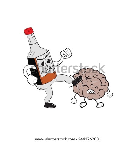 Bottle of alcohol kicking the brain. Concept for negative effects of drinking on mind. Vector illustration for tshirt, website, print, clip art, poster and print on demand merchandise.