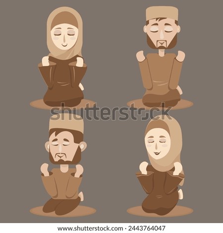Set of four hand-drawn vector Male and Female Muslim characters praying. Prayer pose from different angles