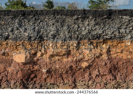 The curb erosion from storms. To indicate the layers of soil and rock. Royalty-Free Stock Photo #244376566