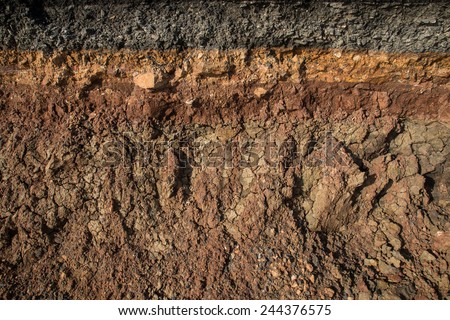 The curb erosion from storms. To indicate the layers of soil and rock. Royalty-Free Stock Photo #244376575