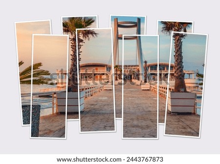 Isolated eight frames collage of picture of Durres, port city on the Adriatic Sea in western Albania, Europe. Picturesque Adriatic seascape. Calm spring scene of Albania. Mock-up of modular photo.
